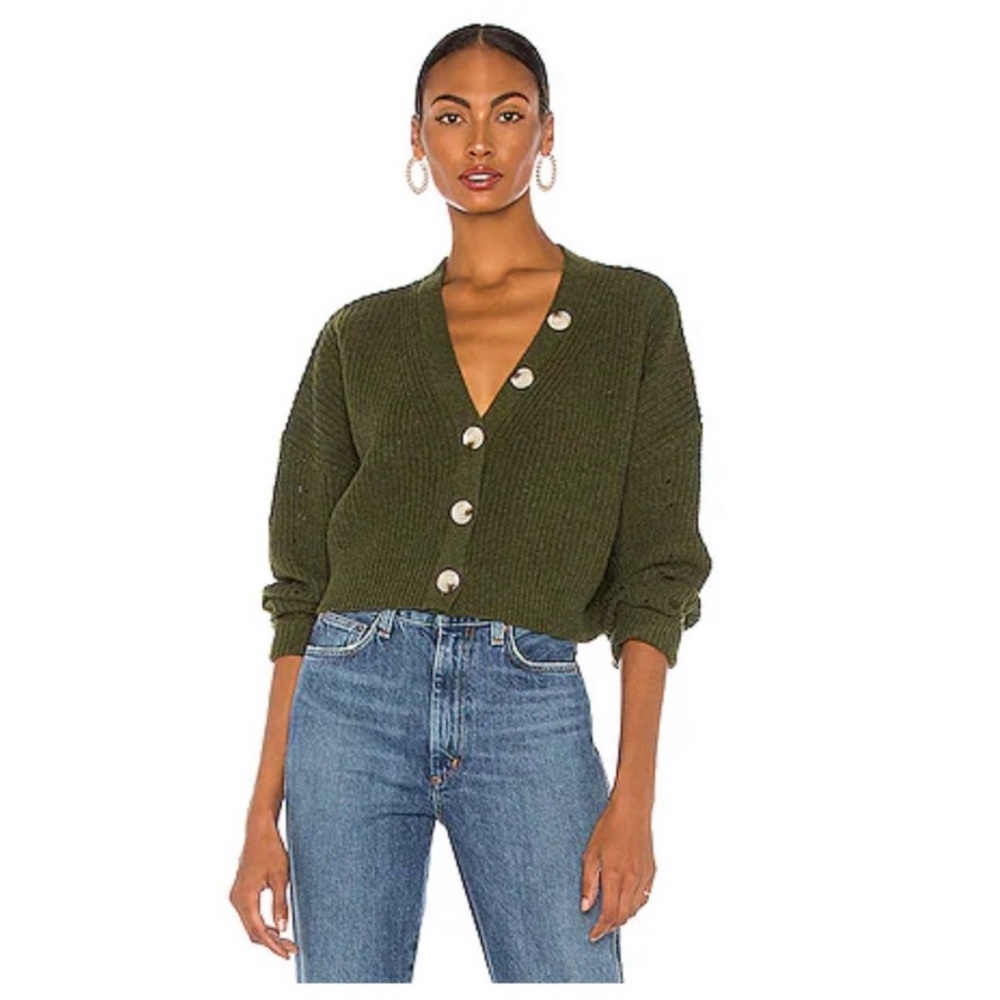 Line & Dot Olive Green V-Neck Button Knit Sweater